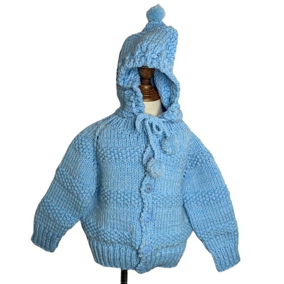 Vintage Handmade Knit Hooded Sweater 6-7 Blue Button Up Cardigan Puff Balls - Picture 2 of 7